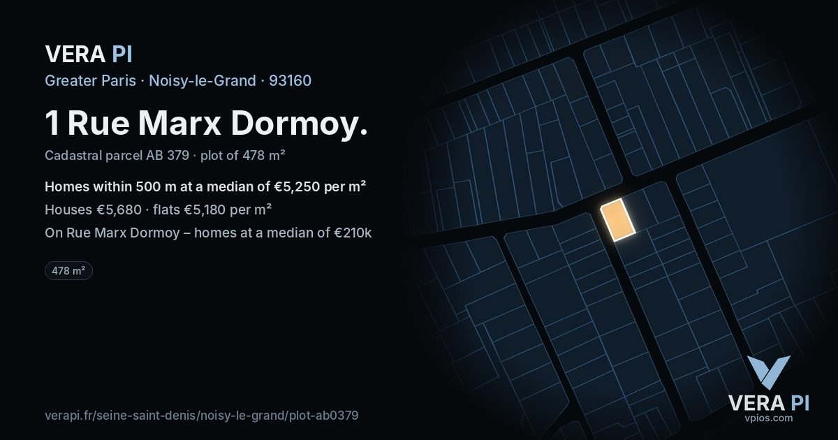 1 Rue Marx Dormoy, Noisy-le-Grand at night – the plot lit, the parcels around coloured by the prices near them