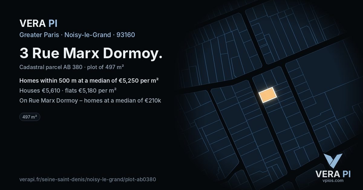3 Rue Marx Dormoy, Noisy-le-Grand at night – the plot lit, the parcels around coloured by the prices near them