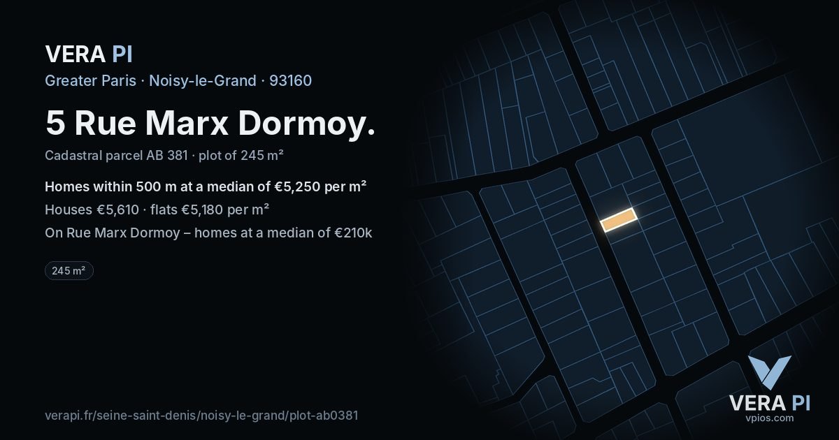 5 Rue Marx Dormoy, Noisy-le-Grand at night – the plot lit, the parcels around coloured by the prices near them