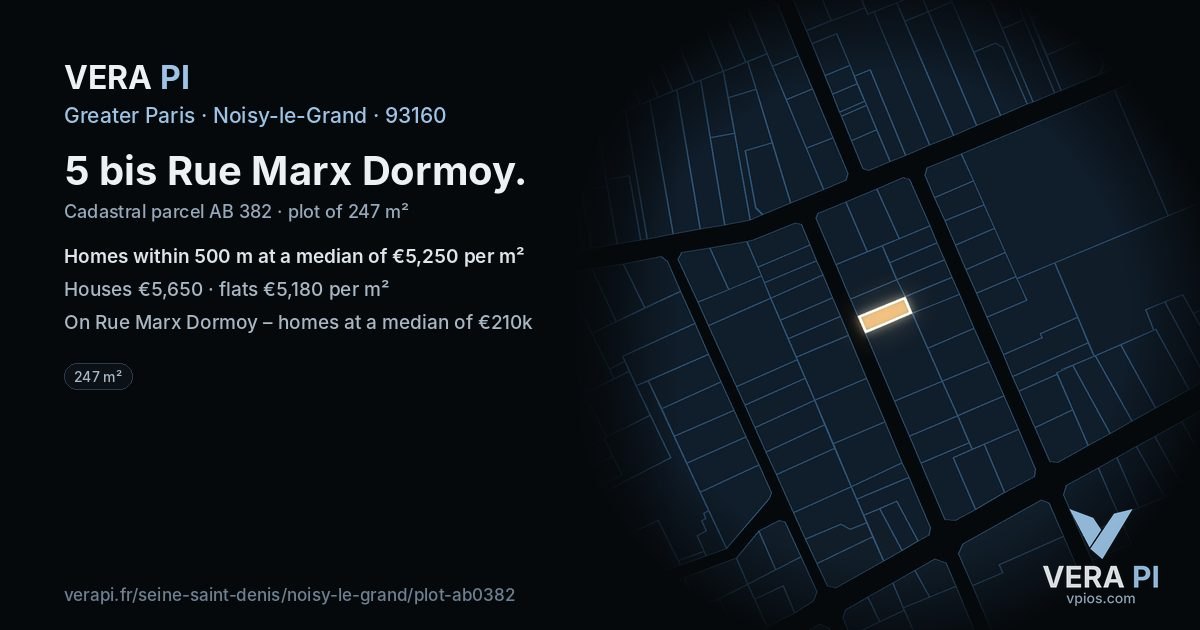 5 bis Rue Marx Dormoy, Noisy-le-Grand at night – the plot lit, the parcels around coloured by the prices near them