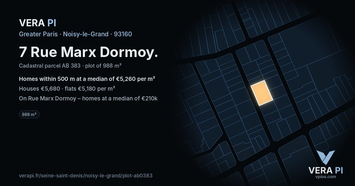 7 Rue Marx Dormoy, Noisy-le-Grand at night – the plot lit, the parcels around coloured by the prices near them