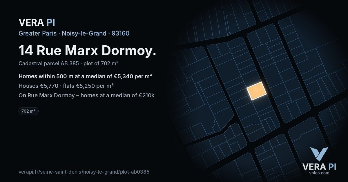 14 Rue Marx Dormoy, Noisy-le-Grand at night – the plot lit, the parcels around coloured by the prices near them