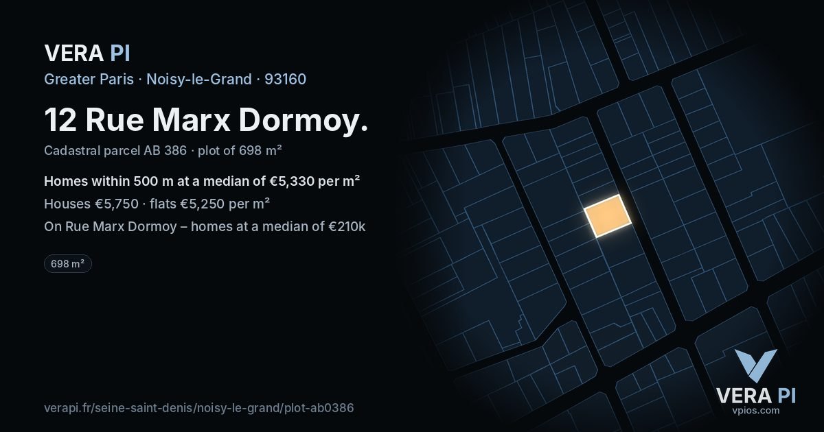 12 Rue Marx Dormoy, Noisy-le-Grand at night – the plot lit, the parcels around coloured by the prices near them