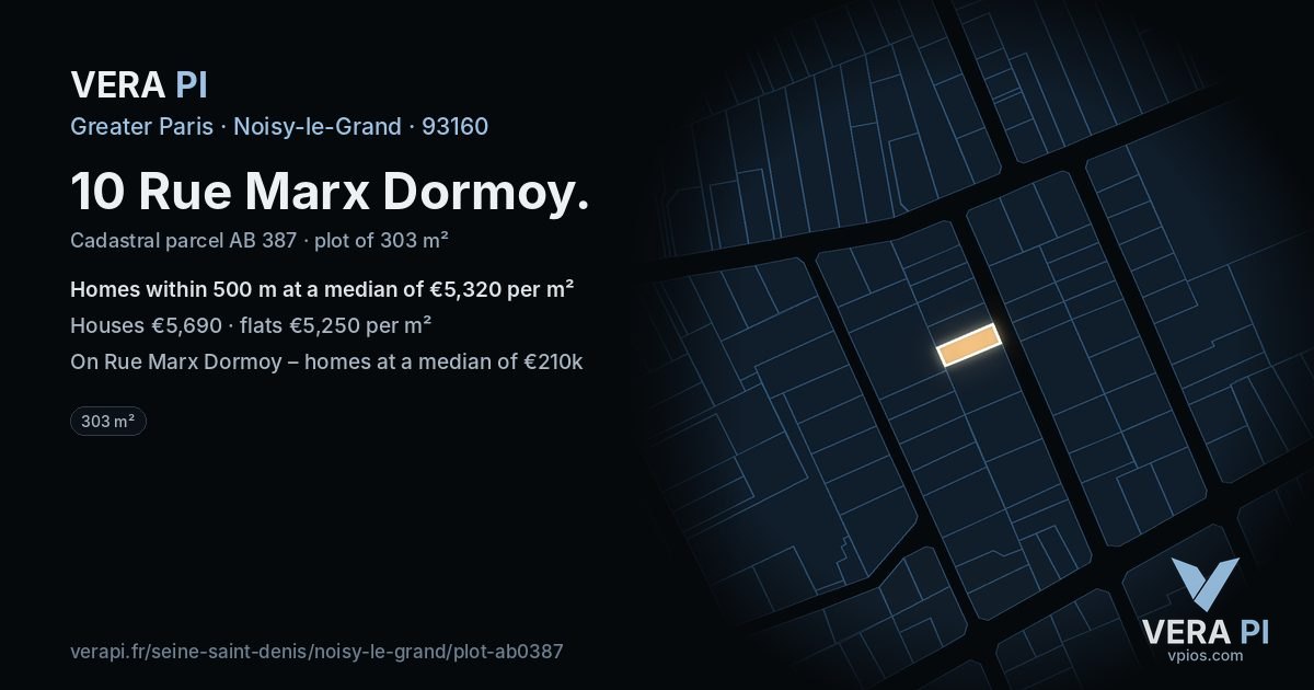 10 Rue Marx Dormoy, Noisy-le-Grand at night – the plot lit, the parcels around coloured by the prices near them