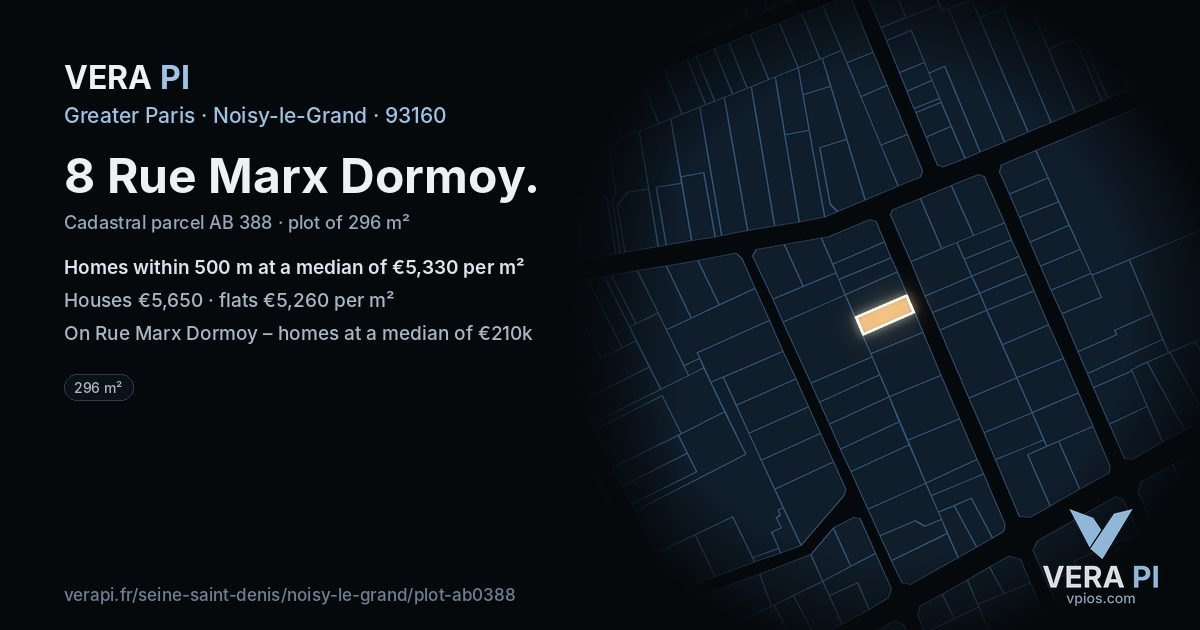 8 Rue Marx Dormoy, Noisy-le-Grand at night – the plot lit, the parcels around coloured by the prices near them