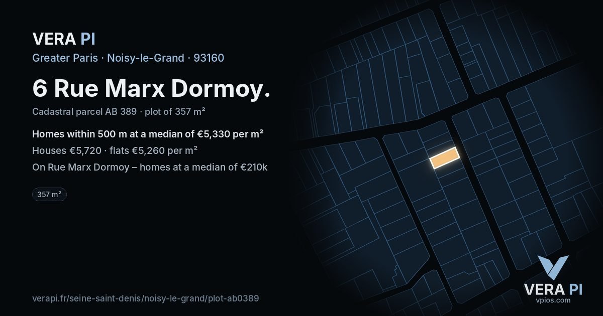 6 Rue Marx Dormoy, Noisy-le-Grand at night – the plot lit, the parcels around coloured by the prices near them