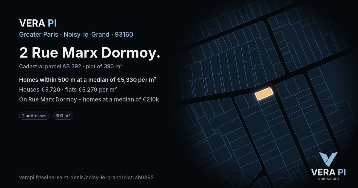 2 Rue Marx Dormoy, Noisy-le-Grand at night – the plot lit, the parcels around coloured by the prices near them