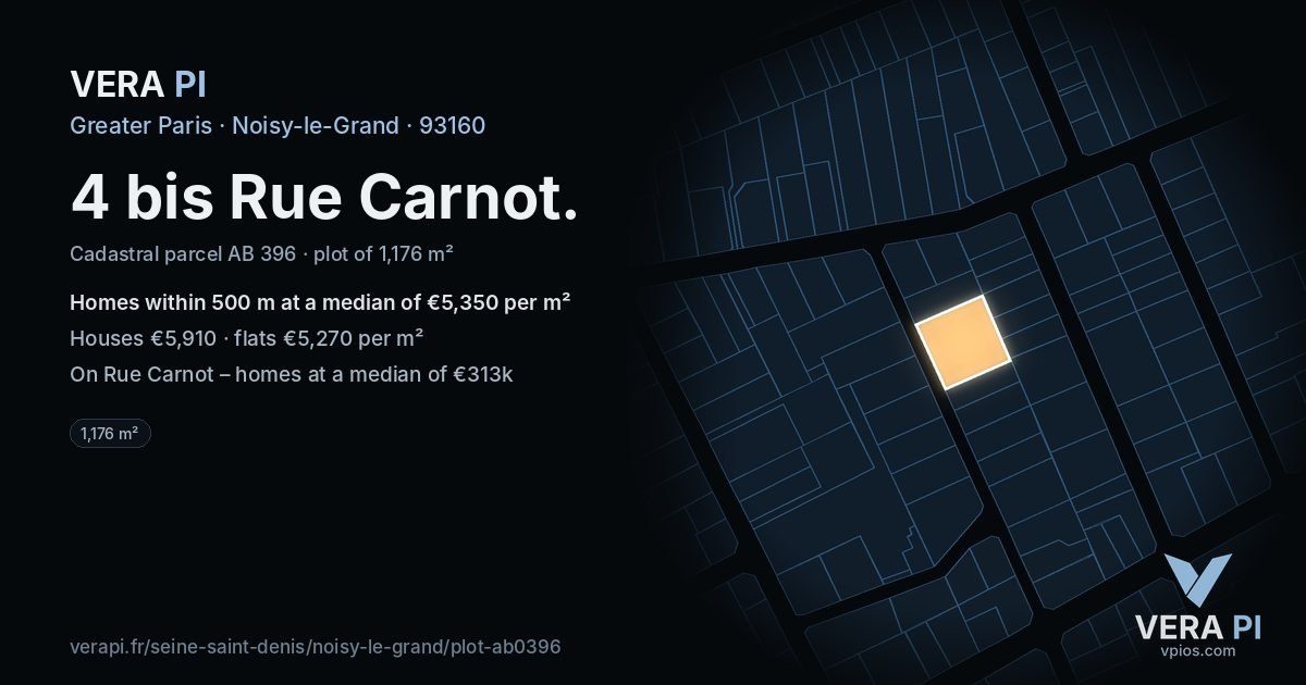 4 bis Rue Carnot, Noisy-le-Grand at night – the plot lit, the parcels around coloured by the prices near them