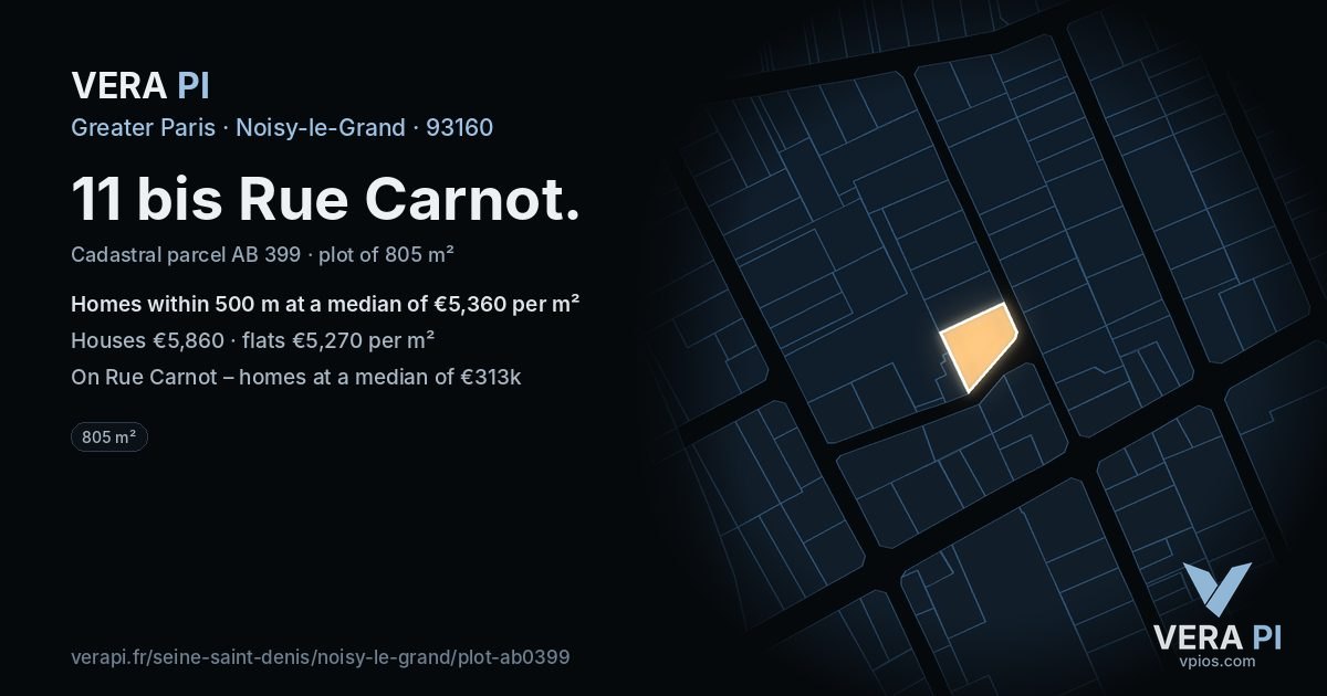 11 bis Rue Carnot, Noisy-le-Grand at night – the plot lit, the parcels around coloured by the prices near them