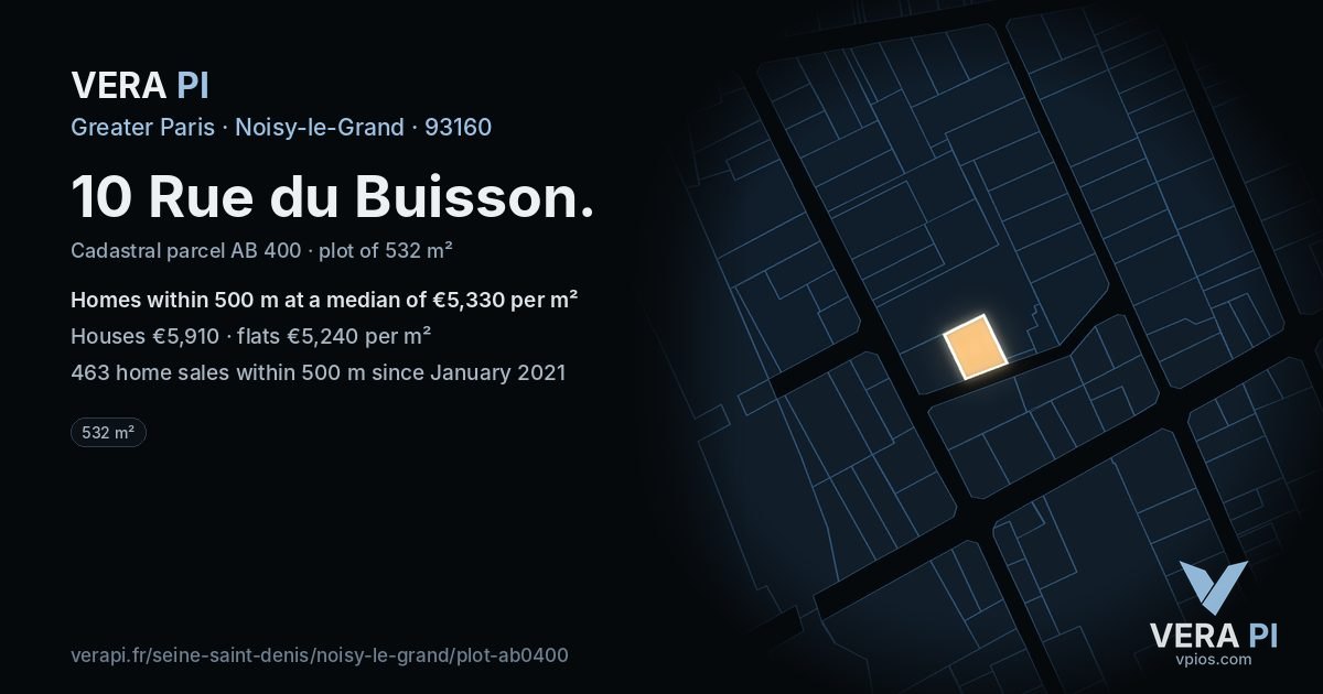 10 Rue du Buisson, Noisy-le-Grand at night – the plot lit, the parcels around coloured by the prices near them