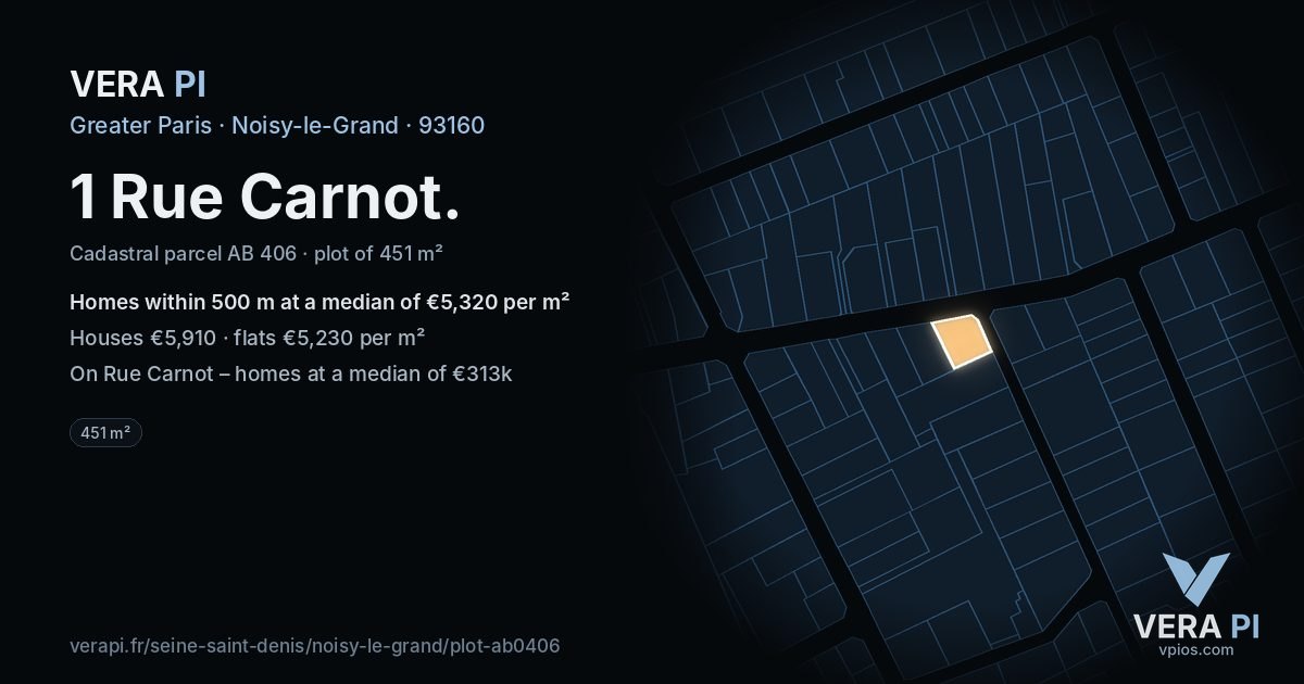1 Rue Carnot, Noisy-le-Grand at night – the plot lit, the parcels around coloured by the prices near them