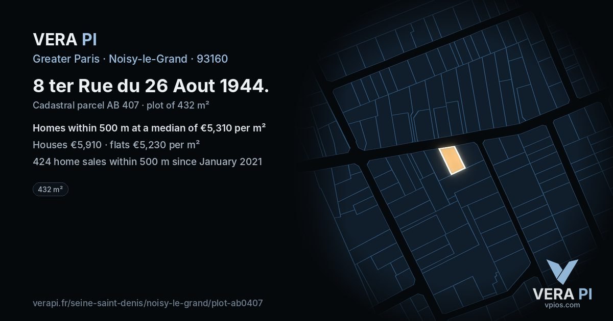 8 ter Rue du 26 Aout 1944, Noisy-le-Grand at night – the plot lit, the parcels around coloured by the prices near them