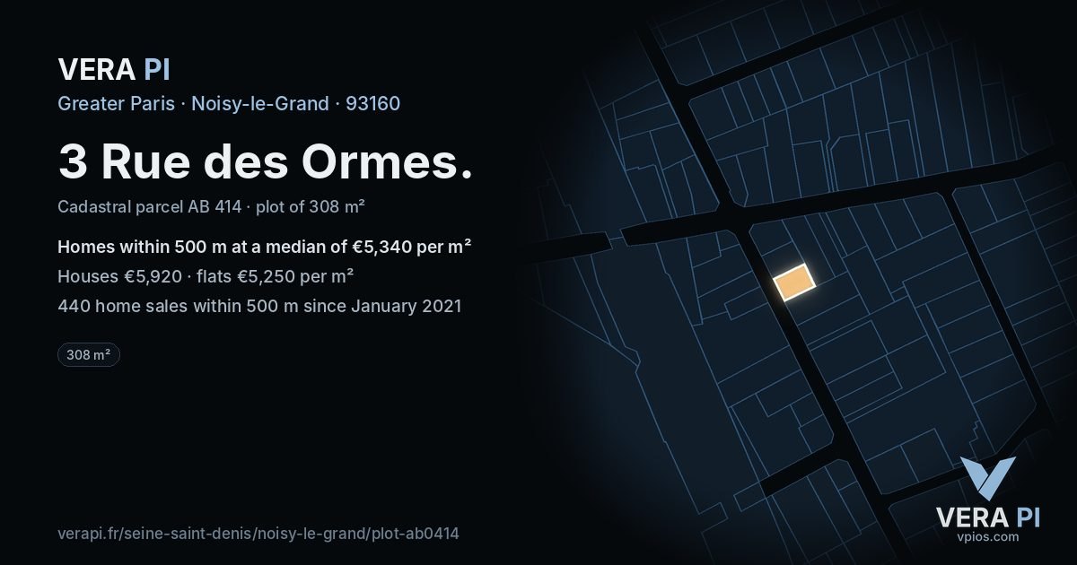 3 Rue des Ormes, Noisy-le-Grand at night – the plot lit, the parcels around coloured by the prices near them