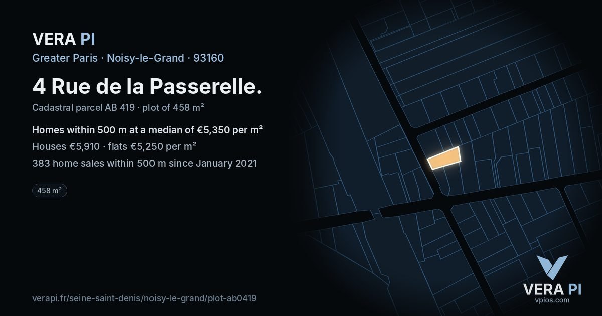 4 Rue de la Passerelle, Noisy-le-Grand at night – the plot lit, the parcels around coloured by the prices near them