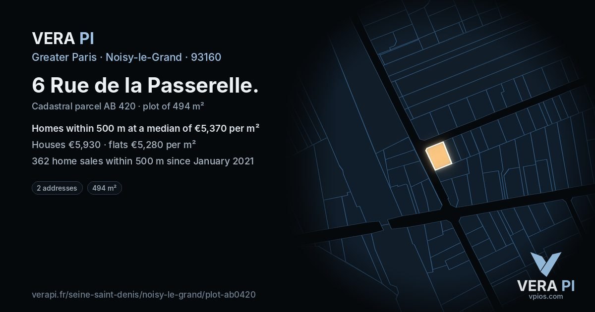 6 Rue de la Passerelle, Noisy-le-Grand at night – the plot lit, the parcels around coloured by the prices near them