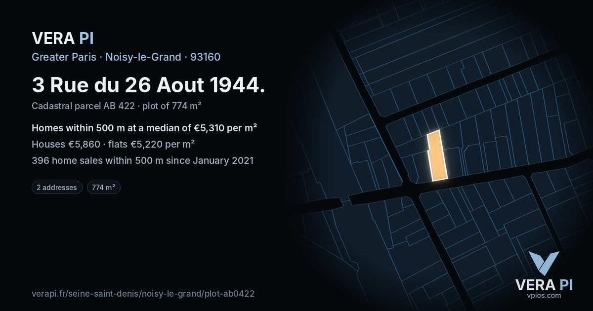 3 Rue du 26 Aout 1944, Noisy-le-Grand at night – the plot lit, the parcels around coloured by the prices near them