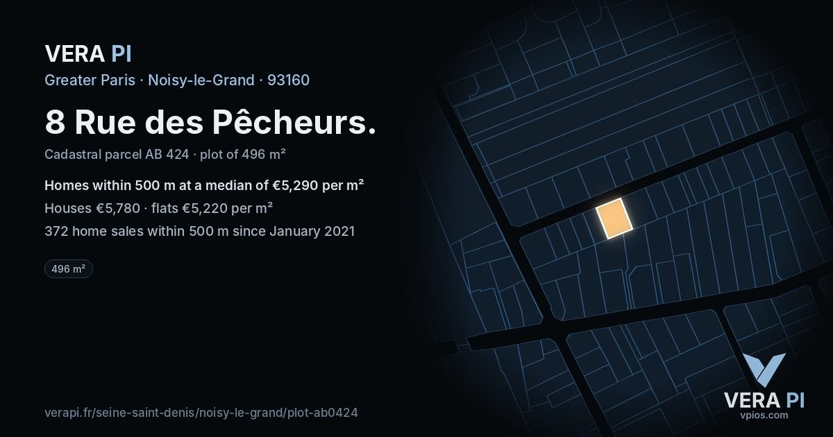 8 Rue des Pêcheurs, Noisy-le-Grand at night – the plot lit, the parcels around coloured by the prices near them