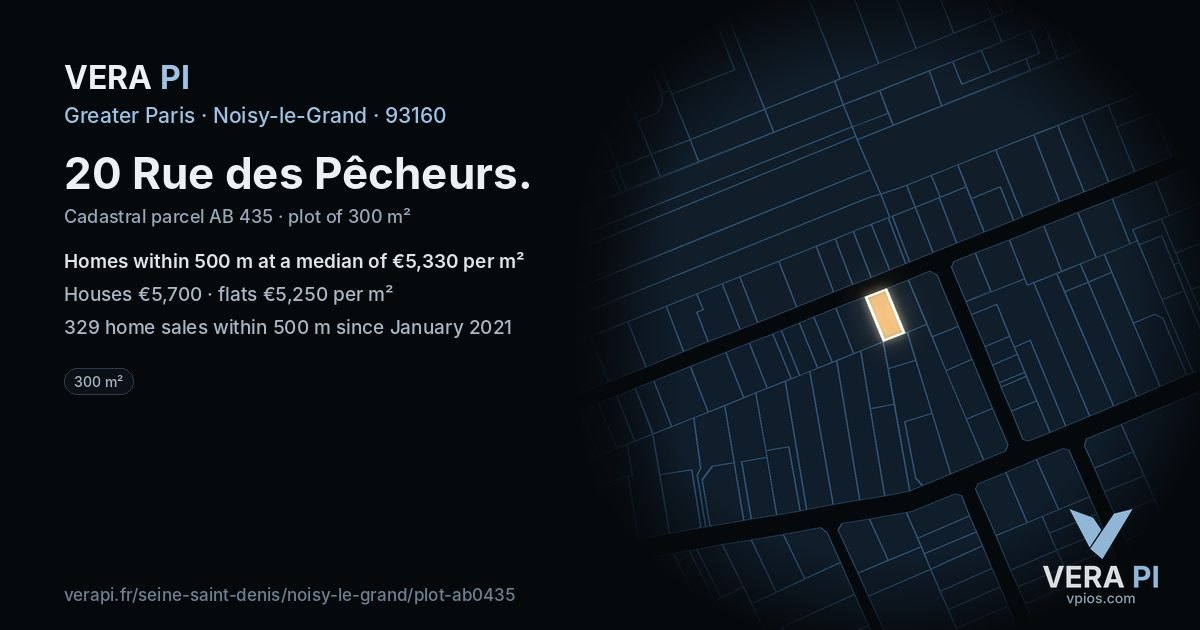 20 Rue des Pêcheurs, Noisy-le-Grand at night – the plot lit, the parcels around coloured by the prices near them