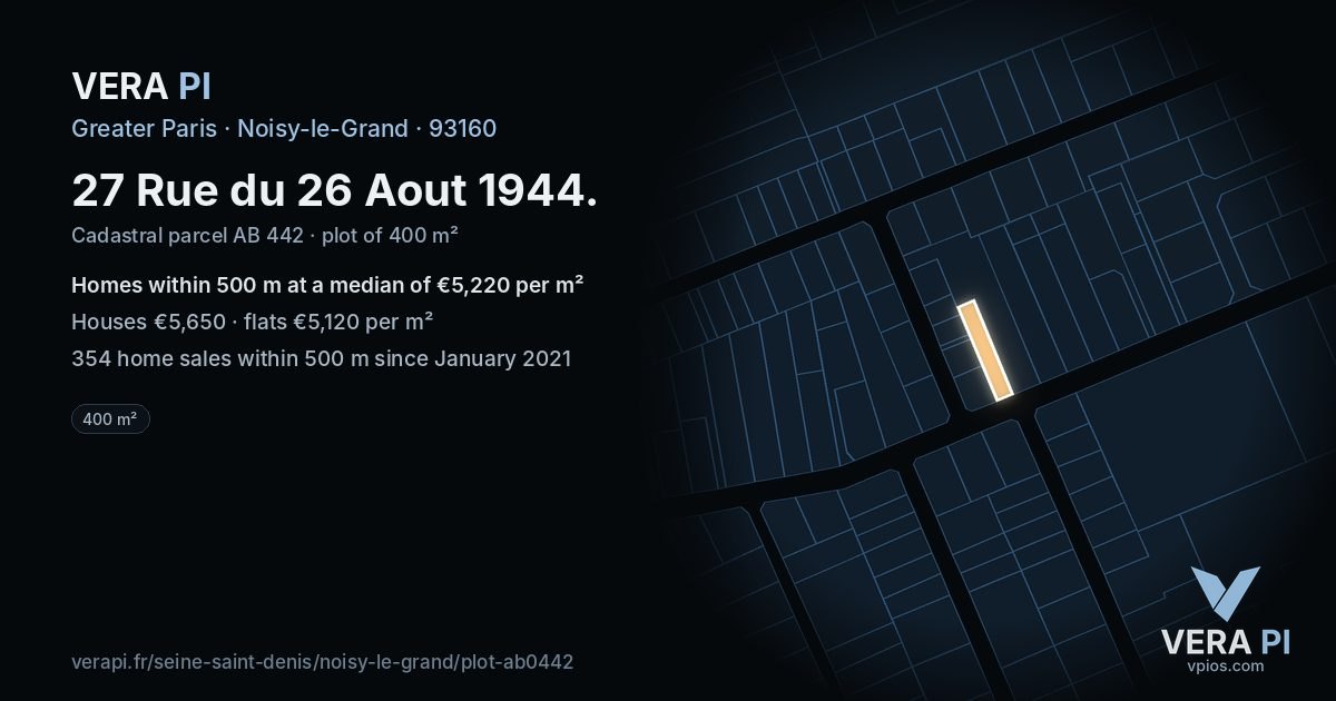 27 Rue du 26 Aout 1944, Noisy-le-Grand at night – the plot lit, the parcels around coloured by the prices near them