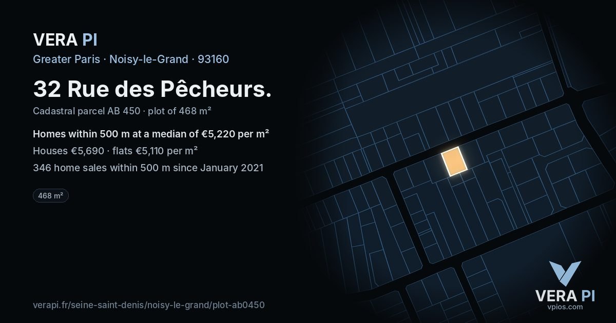 32 Rue des Pêcheurs, Noisy-le-Grand at night – the plot lit, the parcels around coloured by the prices near them