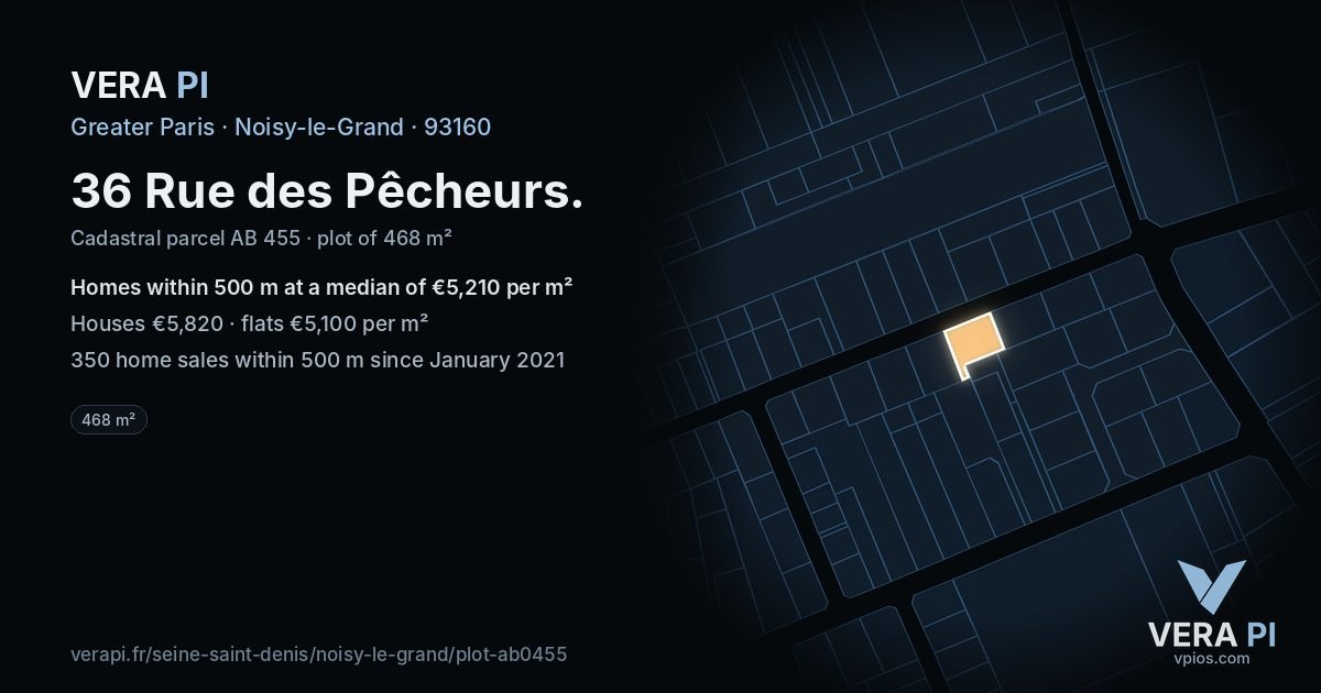 36 Rue des Pêcheurs, Noisy-le-Grand at night – the plot lit, the parcels around coloured by the prices near them