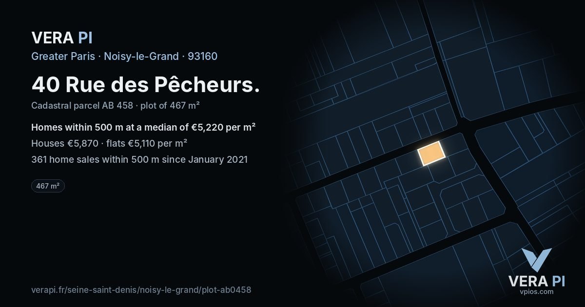 40 Rue des Pêcheurs, Noisy-le-Grand at night – the plot lit, the parcels around coloured by the prices near them