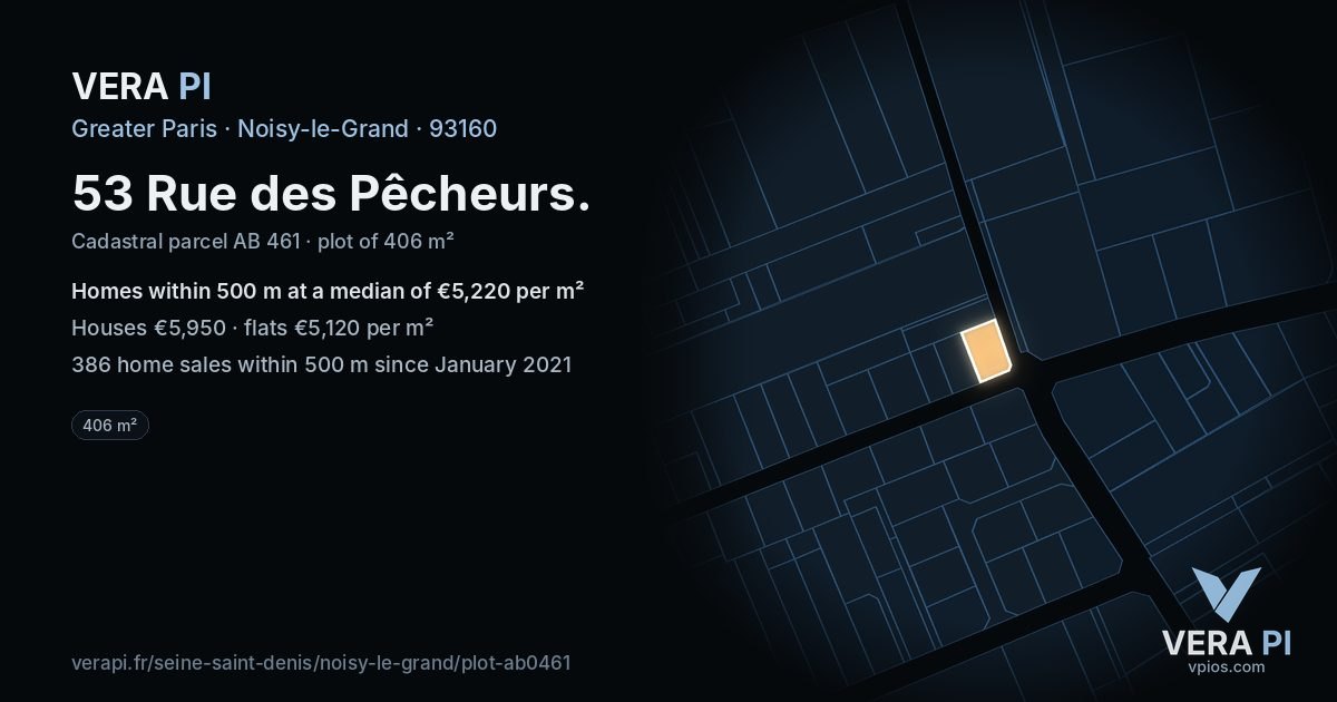 53 Rue des Pêcheurs, Noisy-le-Grand at night – the plot lit, the parcels around coloured by the prices near them