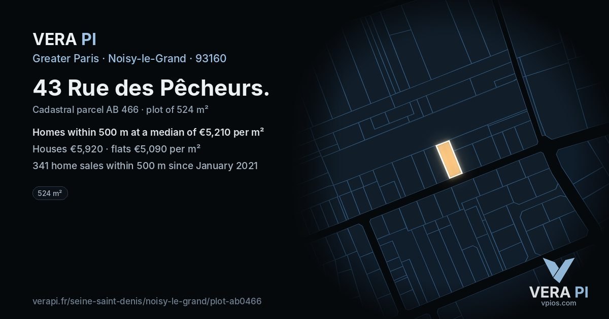 43 Rue des Pêcheurs, Noisy-le-Grand at night – the plot lit, the parcels around coloured by the prices near them