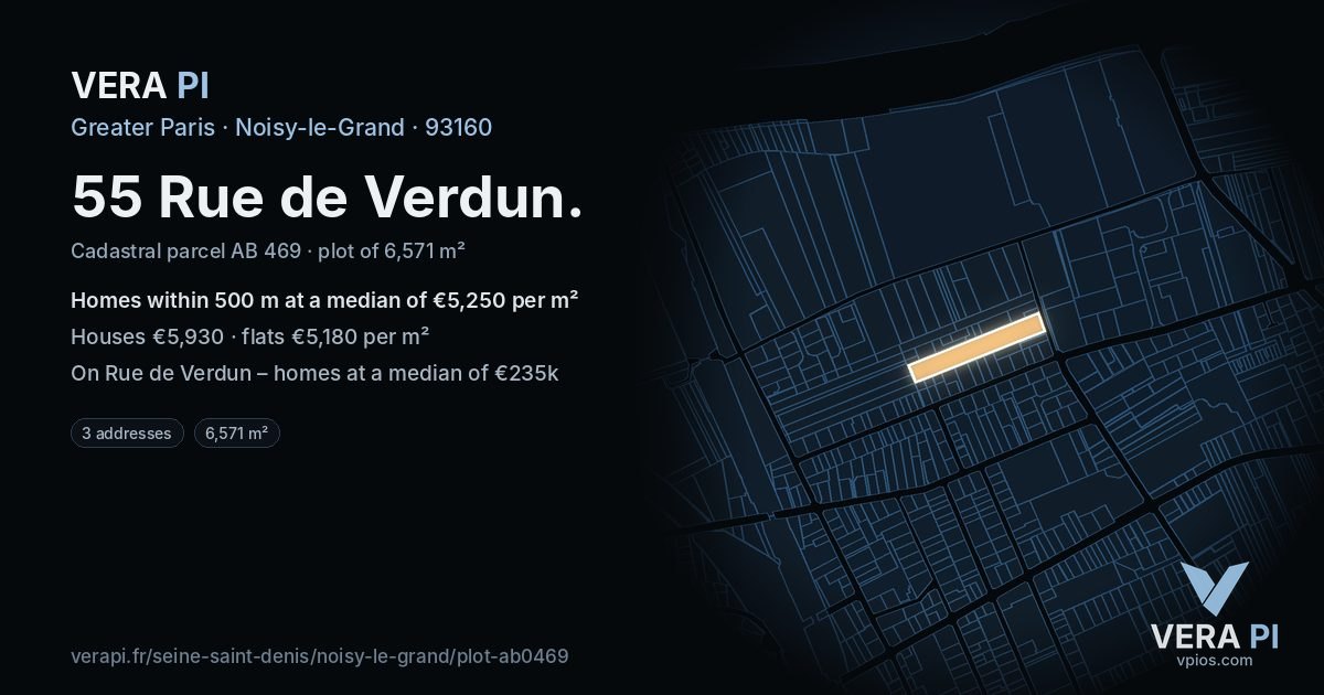 55 Rue de Verdun, Noisy-le-Grand at night – the plot lit, the parcels around coloured by the prices near them