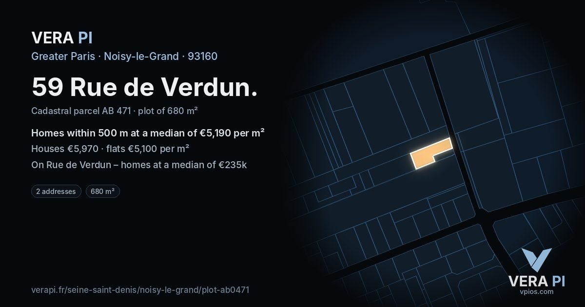 59 Rue de Verdun, Noisy-le-Grand at night – the plot lit, the parcels around coloured by the prices near them