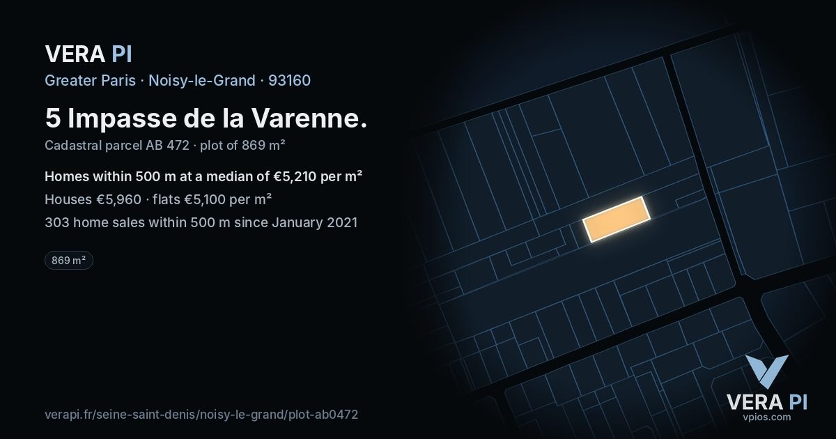 5 Impasse de la Varenne, Noisy-le-Grand at night – the plot lit, the parcels around coloured by the prices near them