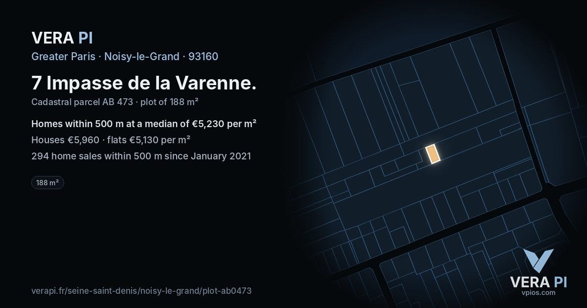 7 Impasse de la Varenne, Noisy-le-Grand at night – the plot lit, the parcels around coloured by the prices near them