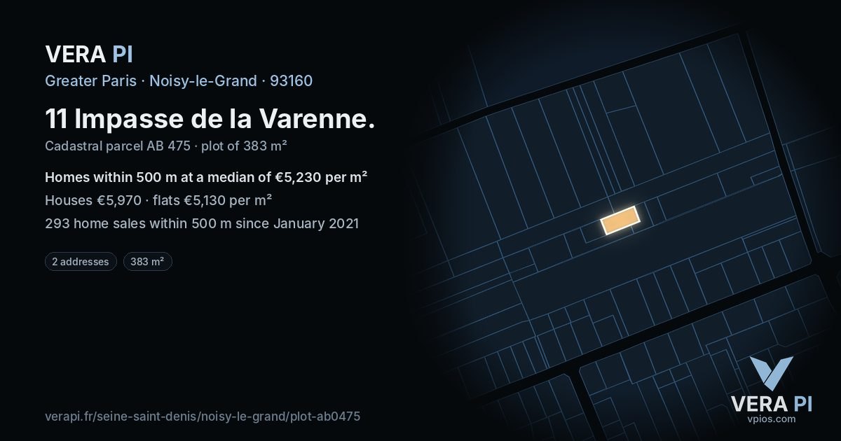 11 Impasse de la Varenne, Noisy-le-Grand at night – the plot lit, the parcels around coloured by the prices near them