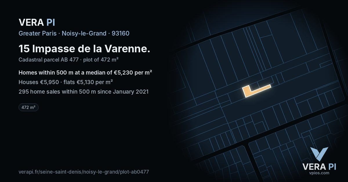 15 Impasse de la Varenne, Noisy-le-Grand at night – the plot lit, the parcels around coloured by the prices near them