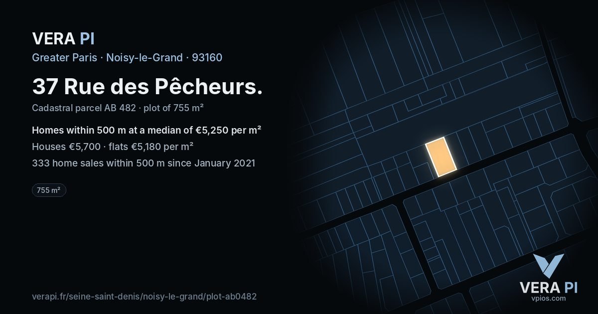 37 Rue des Pêcheurs, Noisy-le-Grand at night – the plot lit, the parcels around coloured by the prices near them