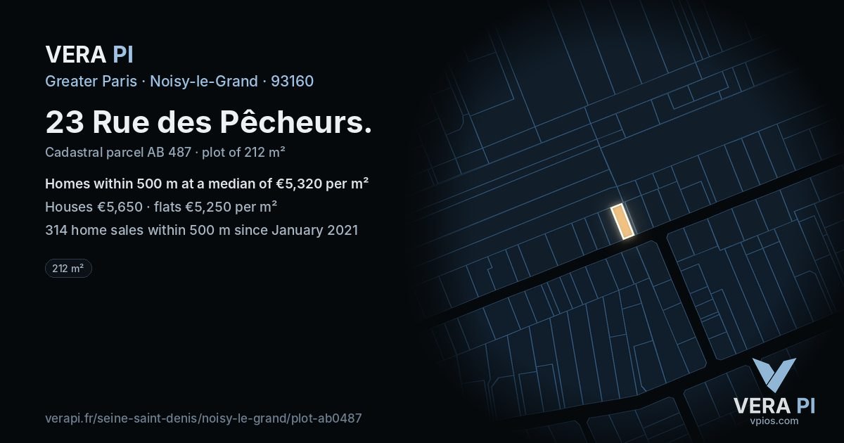 23 Rue des Pêcheurs, Noisy-le-Grand at night – the plot lit, the parcels around coloured by the prices near them