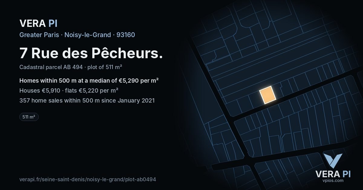 7 Rue des Pêcheurs, Noisy-le-Grand at night – the plot lit, the parcels around coloured by the prices near them