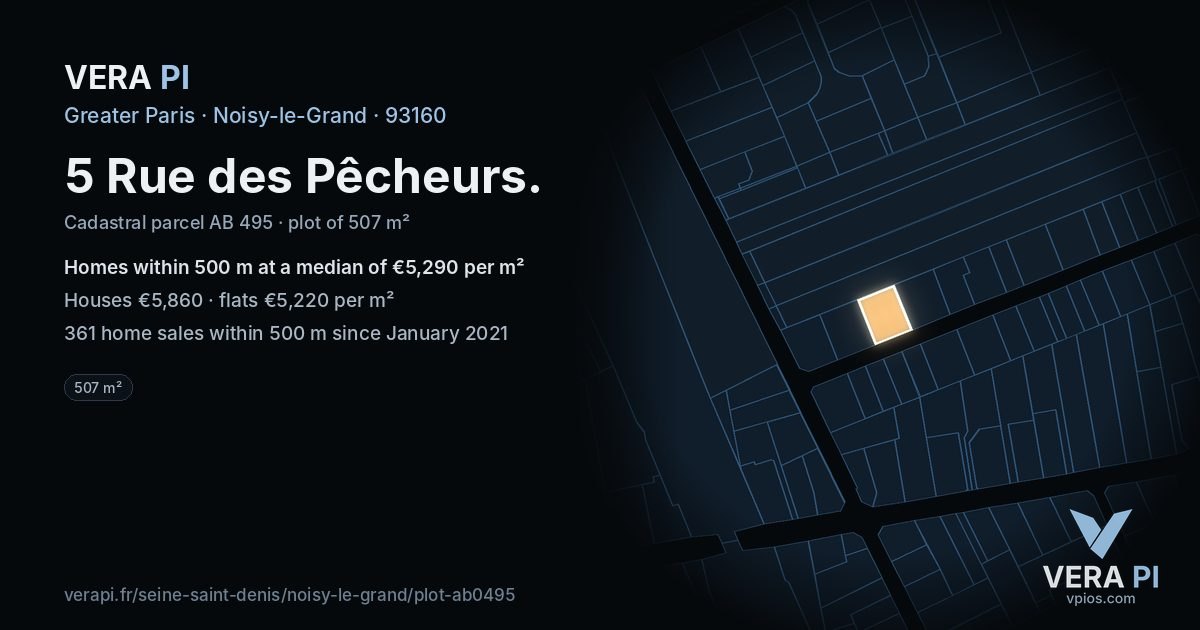 5 Rue des Pêcheurs, Noisy-le-Grand at night – the plot lit, the parcels around coloured by the prices near them