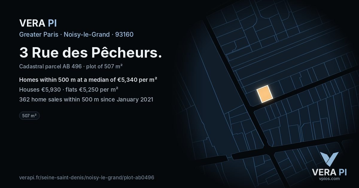 3 Rue des Pêcheurs, Noisy-le-Grand at night – the plot lit, the parcels around coloured by the prices near them