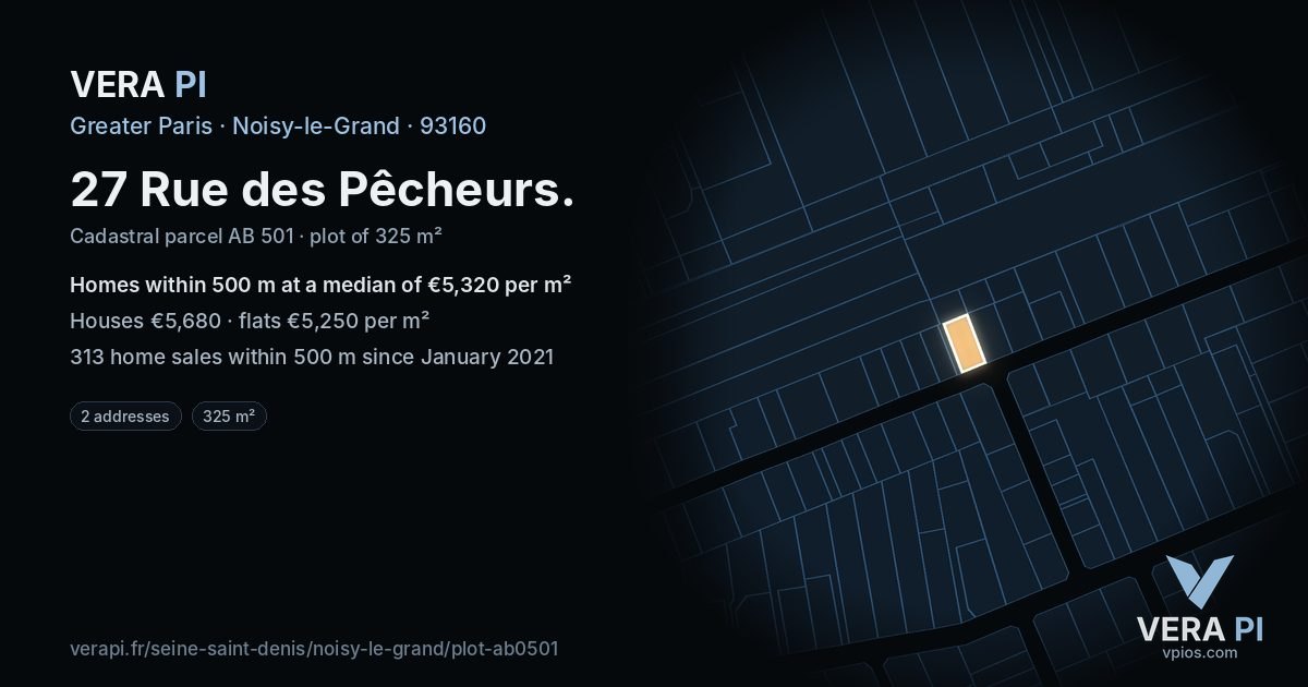 27 Rue des Pêcheurs, Noisy-le-Grand at night – the plot lit, the parcels around coloured by the prices near them