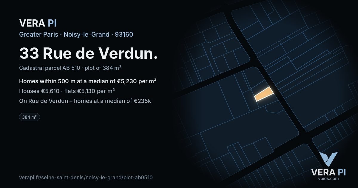 33 Rue de Verdun, Noisy-le-Grand at night – the plot lit, the parcels around coloured by the prices near them