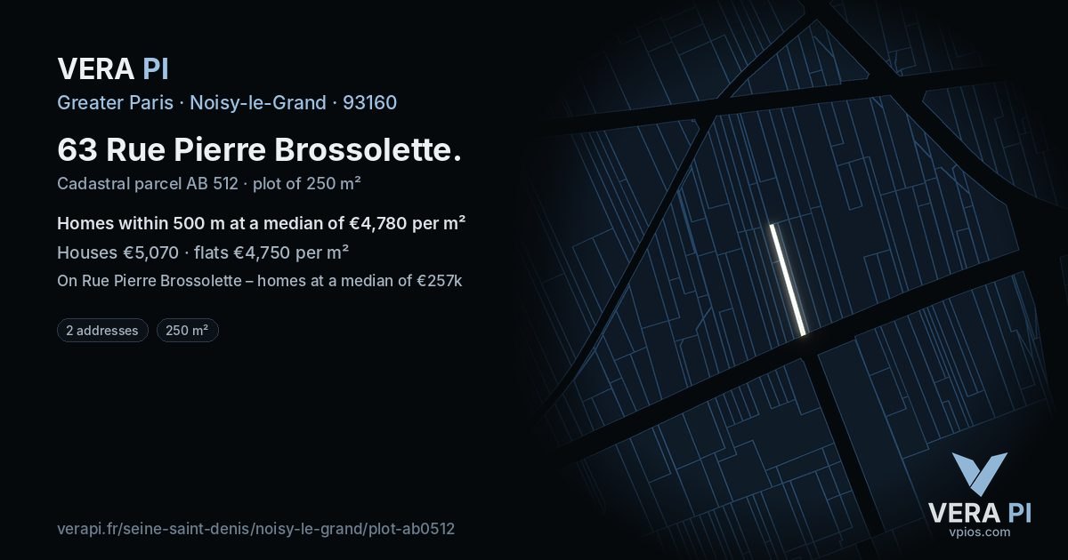 63 Rue Pierre Brossolette, Noisy-le-Grand at night – the plot lit, the parcels around coloured by the prices near them