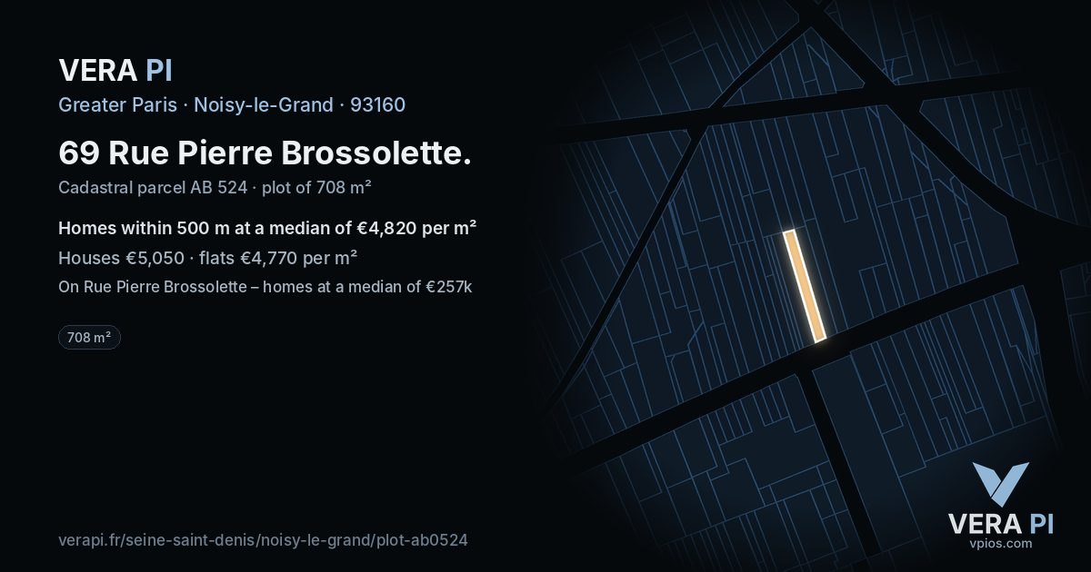 69 Rue Pierre Brossolette, Noisy-le-Grand at night – the plot lit, the parcels around coloured by the prices near them