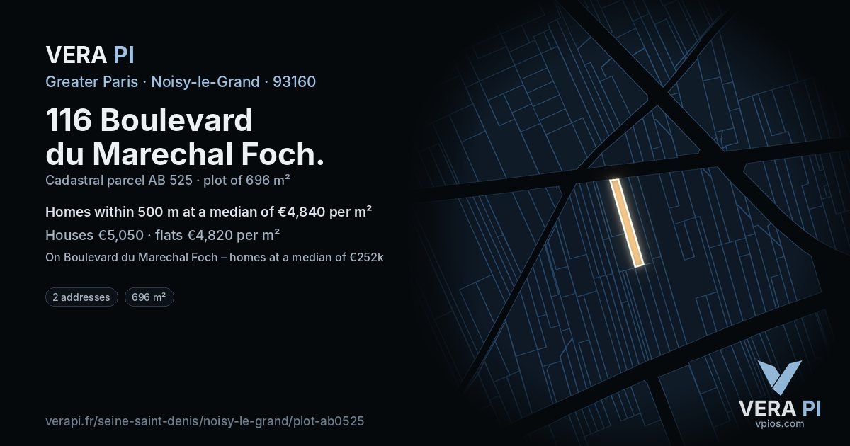 116 Boulevard du Marechal Foch, Noisy-le-Grand at night – the plot lit, the parcels around coloured by the prices near them