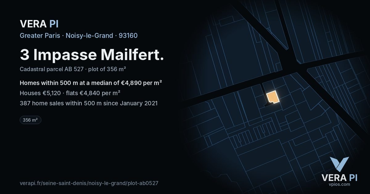 3 Impasse Mailfert, Noisy-le-Grand at night – the plot lit, the parcels around coloured by the prices near them