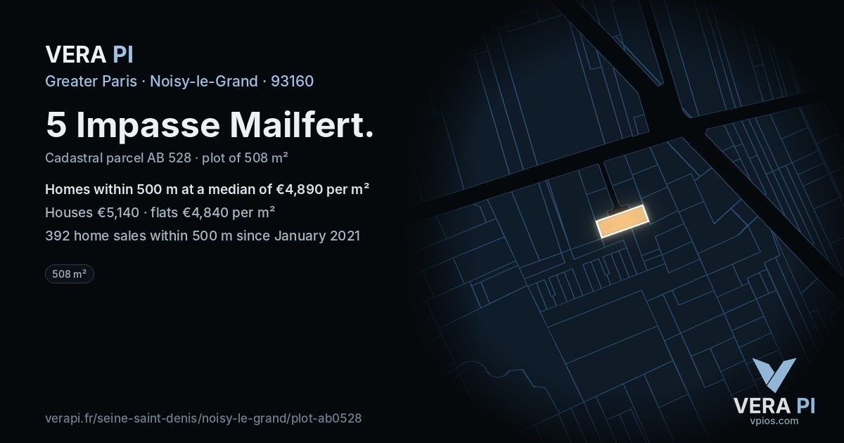 5 Impasse Mailfert, Noisy-le-Grand at night – the plot lit, the parcels around coloured by the prices near them