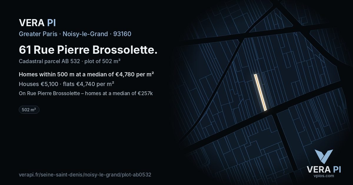 61 Rue Pierre Brossolette, Noisy-le-Grand at night – the plot lit, the parcels around coloured by the prices near them