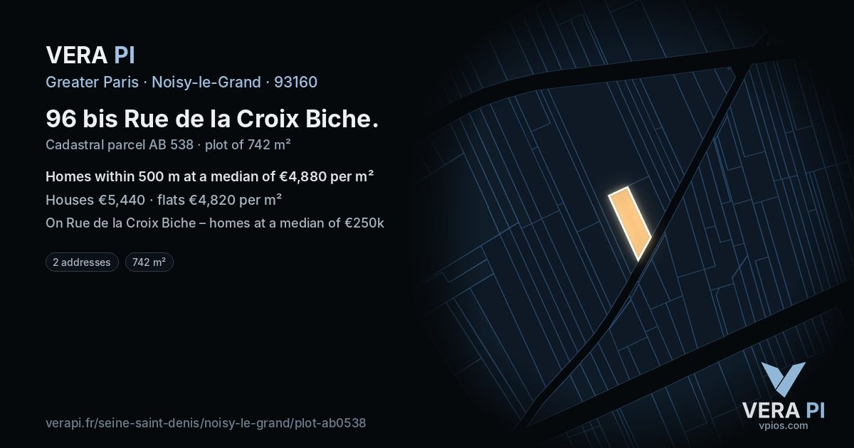 96 bis Rue de la Croix Biche, Noisy-le-Grand at night – the plot lit, the parcels around coloured by the prices near them