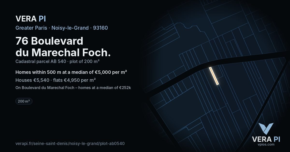 76 Boulevard du Marechal Foch, Noisy-le-Grand at night – the plot lit, the parcels around coloured by the prices near them
