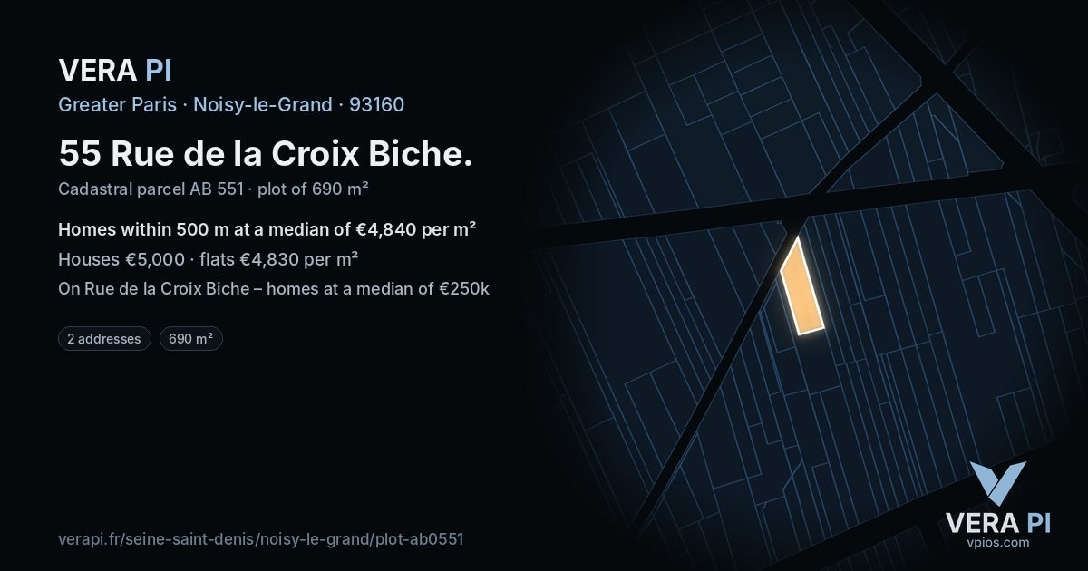 55 Rue de la Croix Biche, Noisy-le-Grand at night – the plot lit, the parcels around coloured by the prices near them